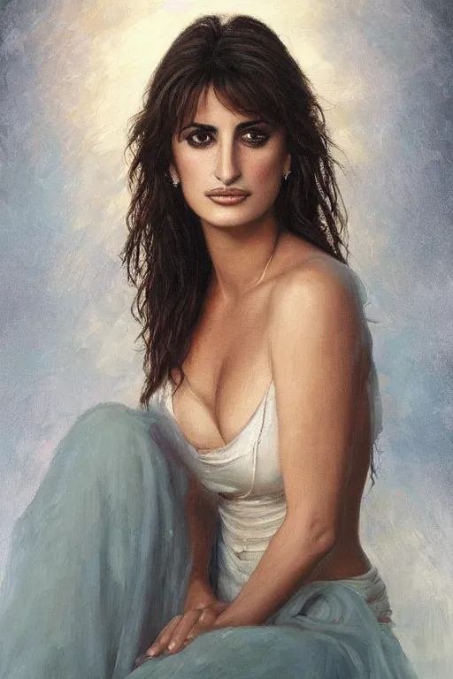 Image similar to oil painting, portrait of penelope cruz, artwork by edward robert hughes