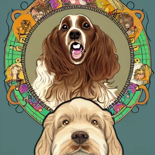 Prompt: portrait of happy laughing brown cockerspaniel with a background in the style of mucha. 4 k. detailed. colorful