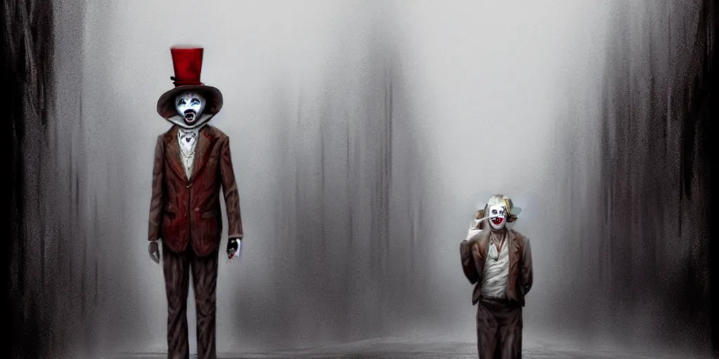 Image similar to James Sunderland from Silent Hill 2 dressed as a clown standing in a foggy street, intricate, elegant, sharp focus, illustration, highly detailed, digital painting, concept art, matte, art by Masahiro Ito