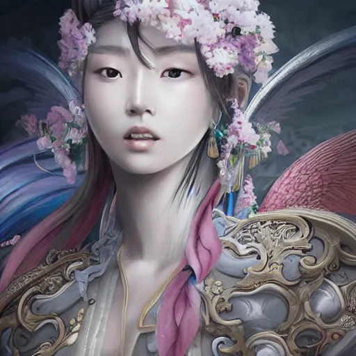 Image similar to dynamic composition, motion, ultra-detailed, incredibly detailed, a lot of details, amazing fine details and brush strokes, colorful and grayish palette, smooth, HD semirealistic anime CG concept art digital painting, watercolor oil painting of epic angel girl, from Three Kingdoms, by a Chinese artist at ArtStation, by Huang Guangjian, Fenghua Zhong, Ruan Jia, Xin Jin and Wei Chang. Realistic artwork of a Chinese videogame, gradients, gentle an harmonic grayish colors.