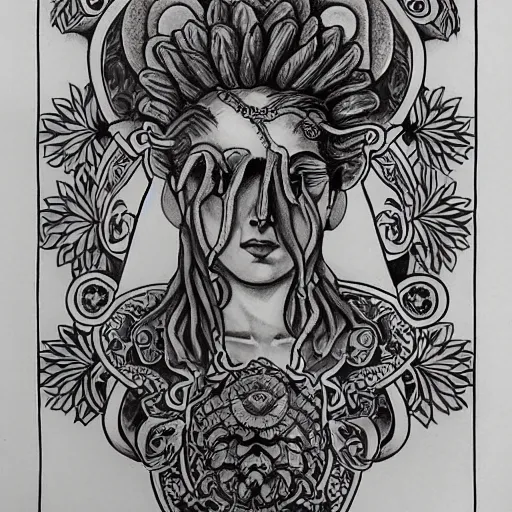 Image similar to detailed, tattoo design, portrait of medusa, surrounded by lotus flowers and geometry