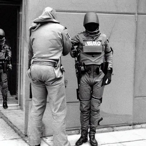 Image similar to extraterrestrial zeta reticulan grey alien, being arrested by spetsnaz