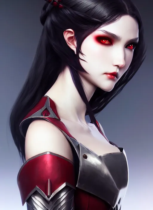 Image similar to full plate armor!!! beautiful and elegant dark hair female vampire!! gorgeous ayes!! character concept art, sharp focus, octane render! unreal engine 5! highly rendered!! trending on artstation!! detailed linework!! illustration by artgerm, wlop, and chie yoshii