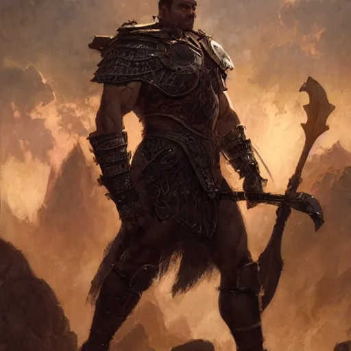 Image similar to a fierce and muscular male warrior in full armor, handsome, fantasy character portrait by greg rutkowski, gaston bussiere, craig mullins, simon bisley