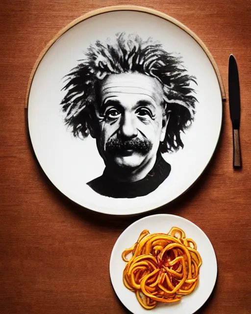 Image similar to a portrait of albert einstein sitting at the dining table with a plate containing jalebi in front of him, highly detailed, trending on artstation, bokeh, 9 0 mm, f / 1. 4