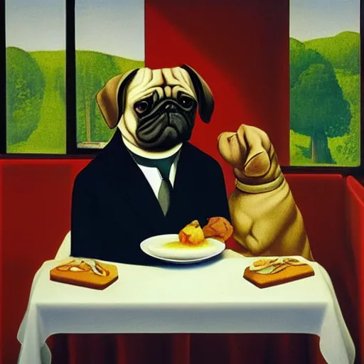 Prompt: a humanoid pug takes you out for a nice dinner by Raphael, Hopper, and Rene Magritte. detailed, romantic, enchanting, trending on artstation.