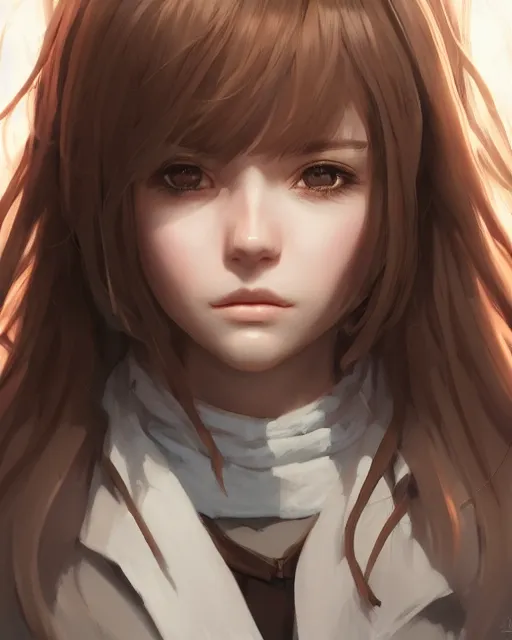 Prompt: potrait bust of young woman archer length light brown hair and hazel eyes, beautiful, symmetrical, anime, ilya kuvshinov, greg rutkowski, guweiz, ross tran, loish, svetlana tigai, artgerm, artstation trending, concept art, digital painting