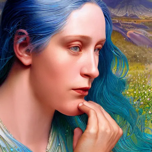 Prompt: A beautiful portrait of a woman with iridescent skin by James C. Christensen, scenic environment and blue hair
