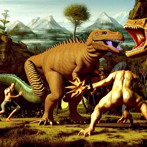 Image similar to A large dinosaur fighting with several realistic detailed cavemen with proportioned bodies, next to the dinosaur are cavemen, one caveman wearing animal furs is stabbing the dinosaur with his spear, one caveman wearing animal furs is cowering in fear, coarse canvas, visible brushstrokes, intricate, extremely detailed painting by Giorgione (and by Greg Rutkowski)