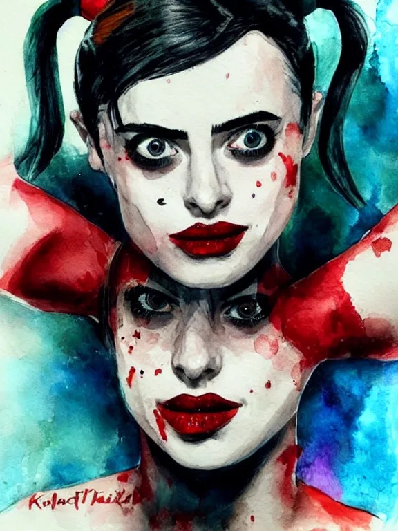 Image similar to portrait of a young krysten ritter as harley quinn, closing her eyes, aquarelle, realistic painting, freckles, 1 / 4 headshot