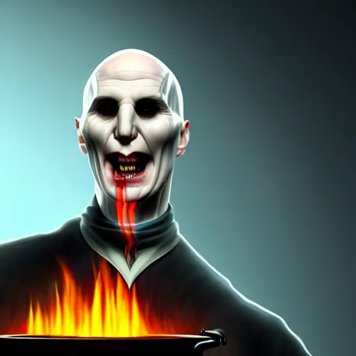 Image similar to voldemort eating a sandwich and sitting in a fire, stylized, artstation, hd, cgsociety, cgi, realistic, dramatic, cinematic, artistic, trending, detailed