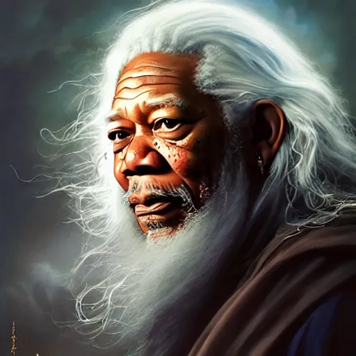 Image similar to morgan freeman starring as gandalf in lord of the rings, highly detailed matte fantasy painting, stormy lighting, by ross tran, by artgerm, by lisa frank, by brom, by peter mohrbacher