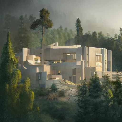 Image similar to beige rectangular house with big central atrium, on a hill surrounded by big trees, dramatic lighting, artstation, matte painting, raphael lacoste, simon stalenhag, frank lloyd wright, zaha hadid, drone view