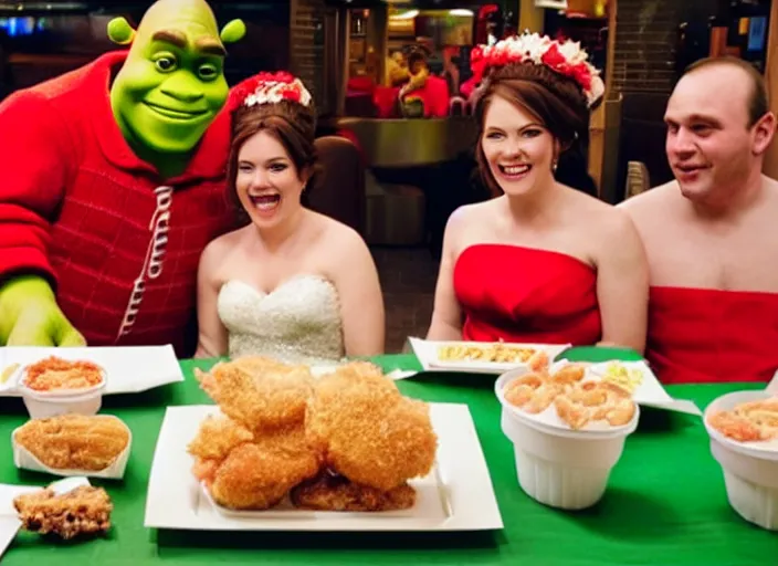 Image similar to A photograph of Shrek and Fiona eating at KFC on their wedding day.