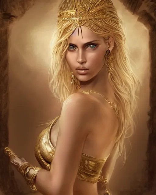 Image similar to tattoo design sketch of hot blonde super model as aphrodite greek goddess wearing a gold laurel wreath and triangle earrings, beautiful piercing gaze with sharp pupils, in the style of greg rutkowski, fantasy, amazing detail, epic, elegant, smooth, sharp focus, front view