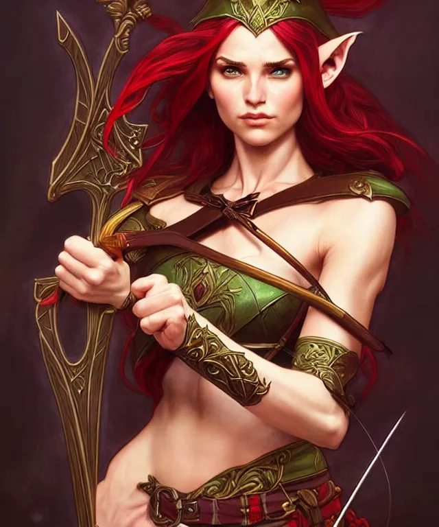 Image similar to a strong powerful angry fantasy elf woman with a bow and arrow, portrait, fantasy, intricate, elegant, highly detailed, digital painting, artstation, concept art, smooth, sharp focus, illustration, art by artgerm and larry elmore and alphonse mucha