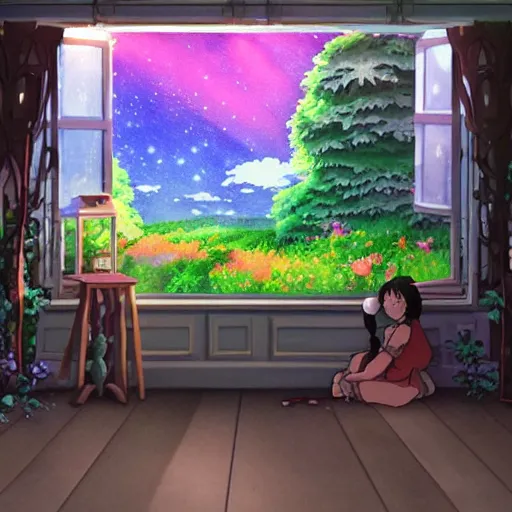 Image similar to in studio ghibli, moving castle, photo realistic, forest with detail, little girl dreaming with beautiful sky, aurora, supernova