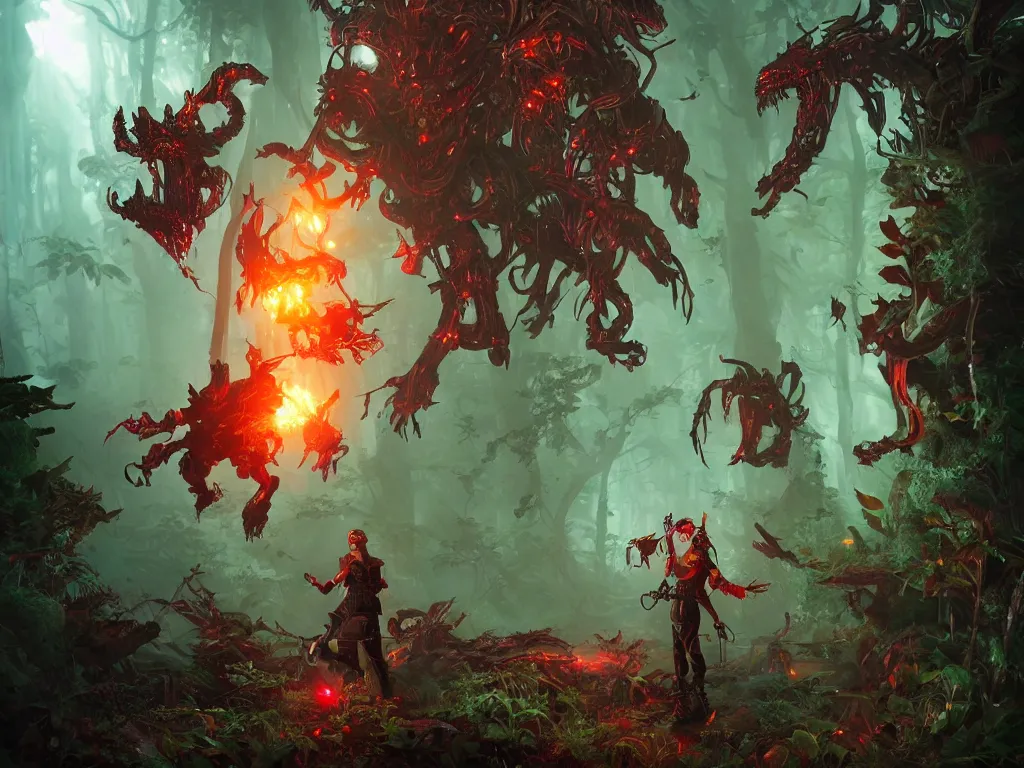 Image similar to red ridding hood and gamemaster unit hunting for mystical forest monsters. all wearing a steampunk and neonpunk mechanical fluorescent mystical animal masks. realistic fornite style. full body. product introduction photos. luminescent, elements, by tooth wu and wlop and beeple and greg rutkowski. epic cinematic shot, perfectly defined features, ambient occlusion