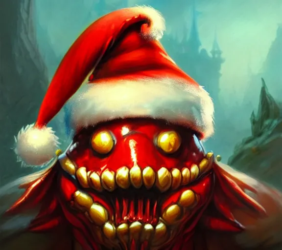 Image similar to magic : the gathering fantasy character concept art of anthropomorphic lobster wearing a christmas hat, by franz frazetta and marco bucci, high resolution. a clear portrait of powerful lobster impersonating santa, magical christmas wonderland in background, fantasy coloring, intricate, digital painting, artstation, smooth, sharp focus