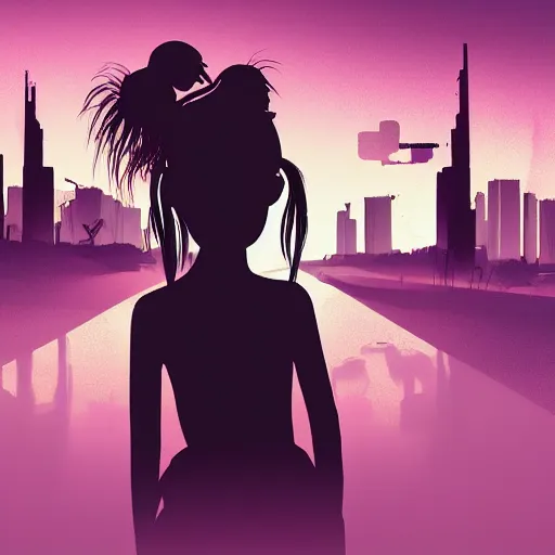 Image similar to digital art cyberpunk landscape silhouette of young girl holding a teddy bear in the foreground