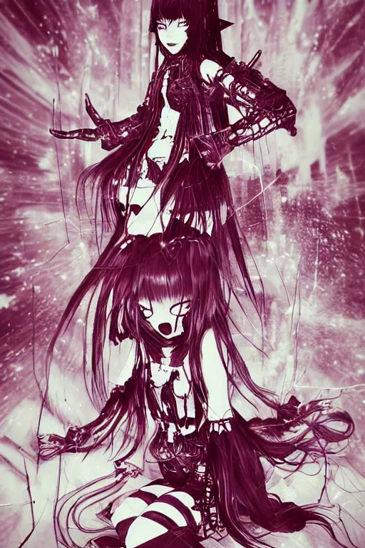 Prompt: glitchcore yokai girl, shadowverse character concept, found footage horror, glitter gif | Fatalistic (Bleak, Gloomy) | The red dump has nothing but bleak black industrial music to accompany it. | spiked korean bloodmoon sigil stars draincore, gothic demon hellfire hexed witchcore aesthetic, dark vhs gothic hearts, neon glyphs spiked with red maroon glitter breakcore Y2K horrorcore metal album cover