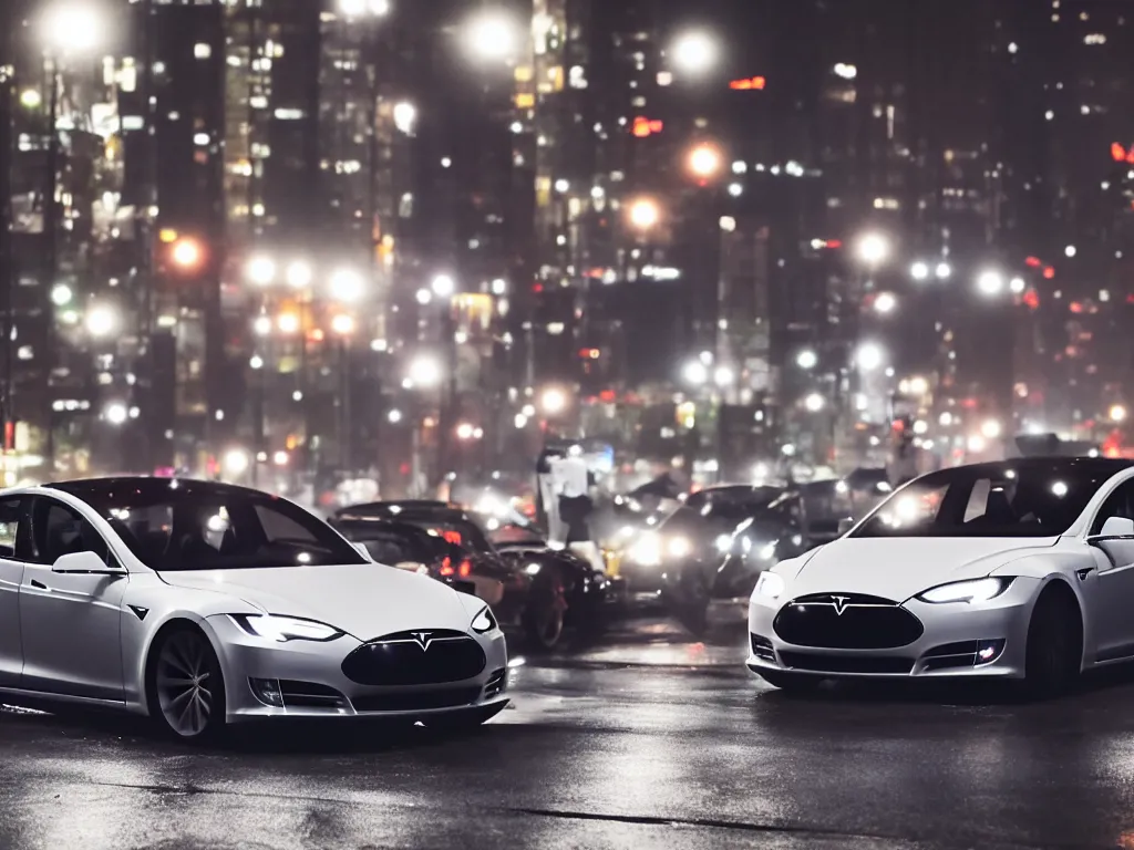 Image similar to A modified Tesla model S drifting on rainy Tokyo streets, night Time, 4k, 8k, cinematic shot