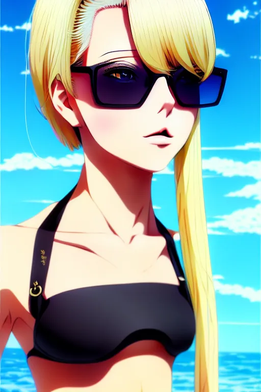 prompthunt: anime portrait of a handsome woman, brown hair, yellow - orange  eyes, wearing sunglasses and two - piece swimsuit, ilya kuvshinov, anime,  pixiv top monthly, trending on artstation, cinematic, danbooru, zerochan