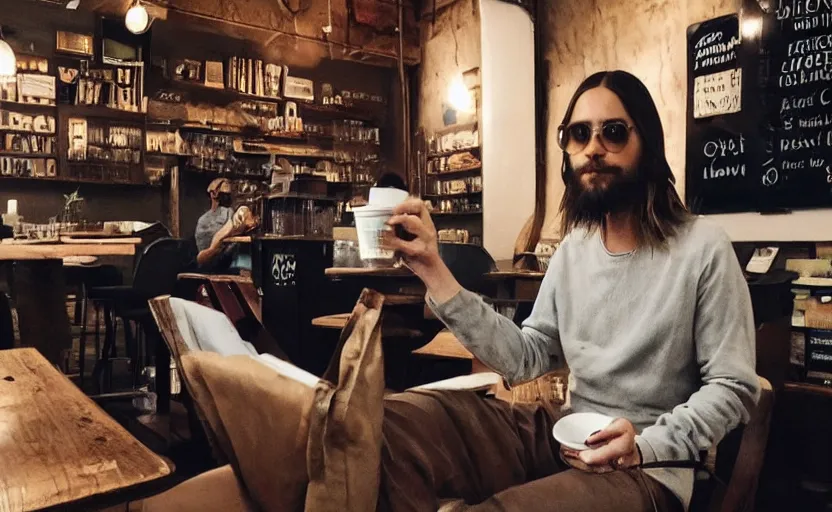 Image similar to jared leto reading poetry in an indie coffee shop, holding a cup of coffee. trending on artstation, cozy, sensual, atmospheric