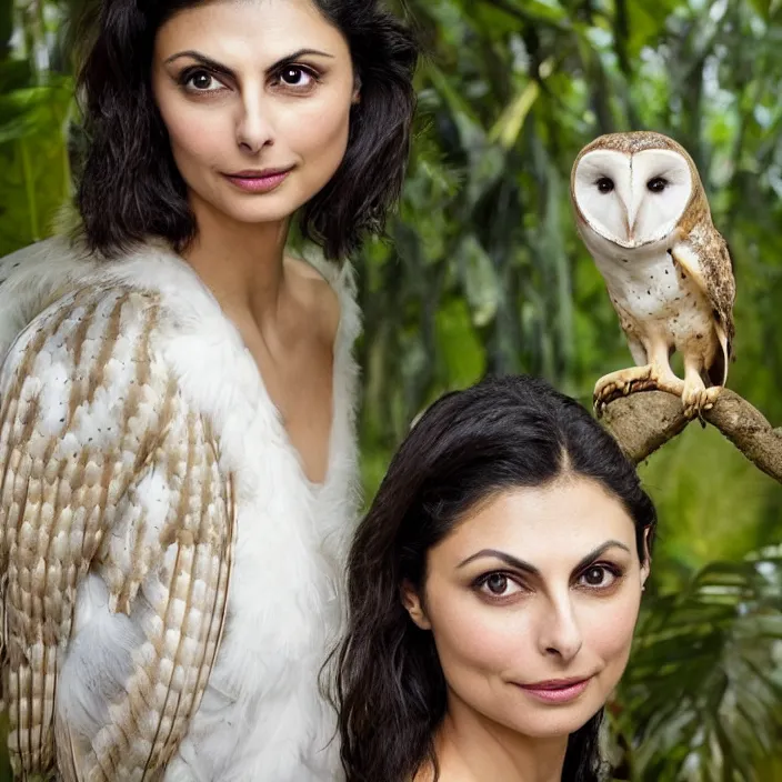 Prompt: portrait photograph of an extremely beautiful!!!! Morena Baccarin , symmetric face!, symmetric round detailed eyes!!, slight smile, natural light, wearing a yellow kimono!! with a very detailed barn owl! on her shoulder in a tropical greenhouse. looking at the camera!!. super resolution. Extremely detailed. Graflex camera!, bokeh!!!!!. art by alphonse mucha