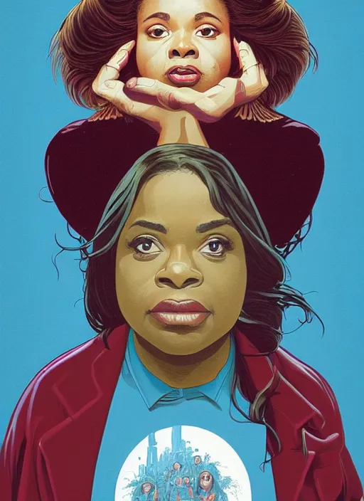 Image similar to poster artwork by Michael Whelan and James Jean, of Octavia Spencer has a voice in her head, reality is a labyrinth, psychological thriller from scene from Twin Peaks, clean, simple illustration, nostalgic, domestic, full of details