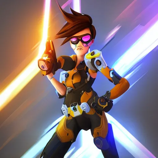 Image similar to beautiful digital artwork of tracer from the game overwatch