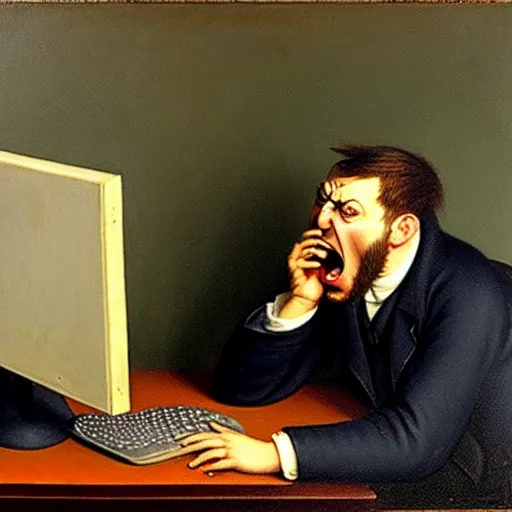 Image similar to an angry man yells at his computer monitor, oil on canvas, 1 9 0 1