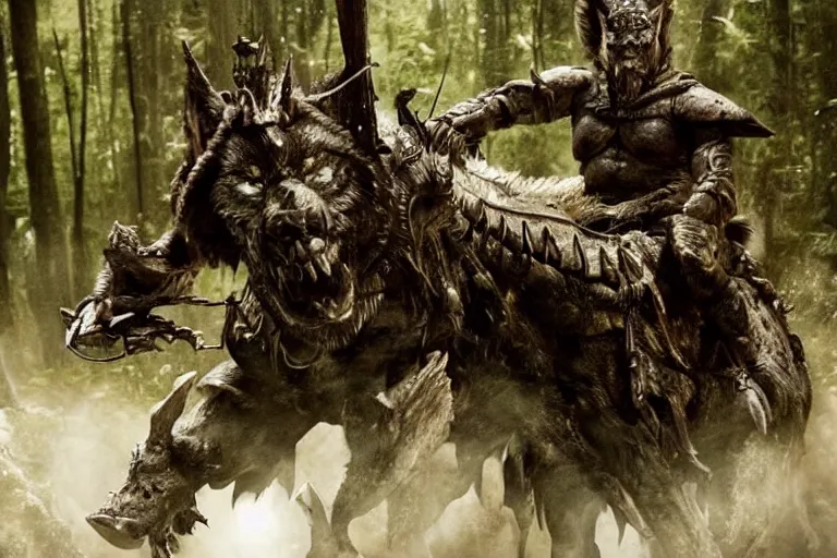 Image similar to vfx movie closeup detailed ancient armored warrior orc hunting riding large wolf in the forest, natural lighting by emmanuel lubezki