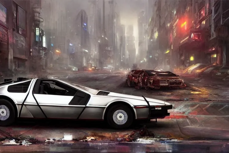 Image similar to photograph of the delorean, with a sleek spoiler, driving down the streets of a cyberpunk abandoned city, by greg rutkowski, by stanley artgerm, by alphonse mucha