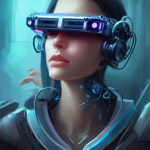 Image similar to a portrait of a beautiful cybernetic girl wearing occulus rift headset, cyberpunk concept art by pete mohrbacher and wlop and artgerm and josan gonzales, digital art, highly detailed, intricate, sci-fi, sharp focus, Trending on Artstation HQ, deviantart, unreal engine 5, 4K UHD image