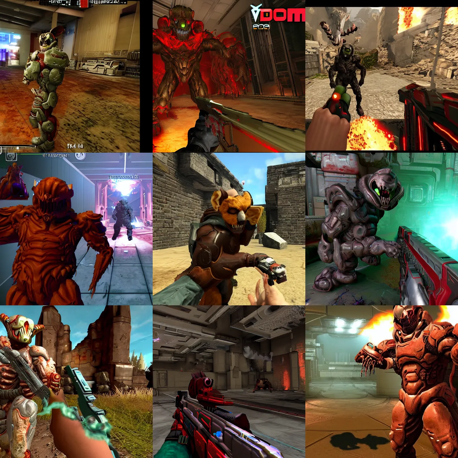 Prompt: a screenshot of the video game doom with fursuit cosplayer in it
