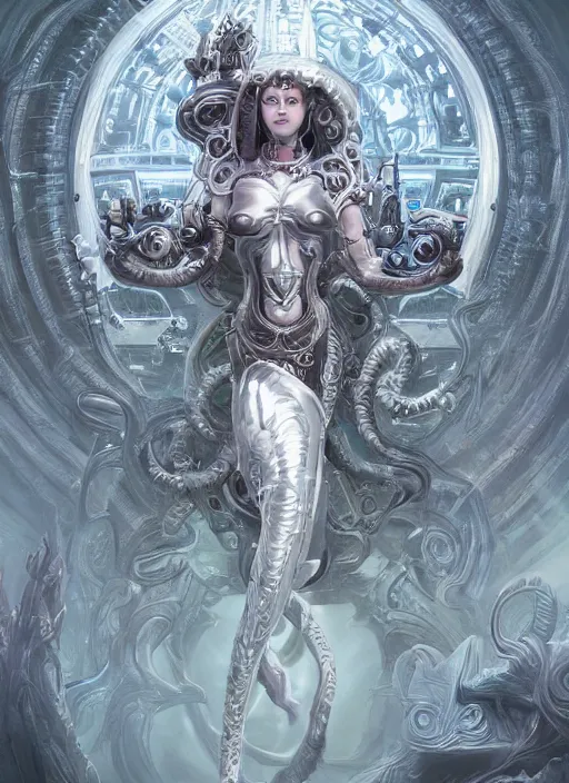 Prompt: ultradetailed ornate sci-fi RPG character illustration of a beautiful symmetric Medusa radiating a majestic glowing aura wearing a cyberpunk armor with decorum while fighting eldritch horrors, smooth digital airbrush painting, 3d rim light, hyperrealistic, masterpiece, artstation, cgsociety, concept art, kodakchrome