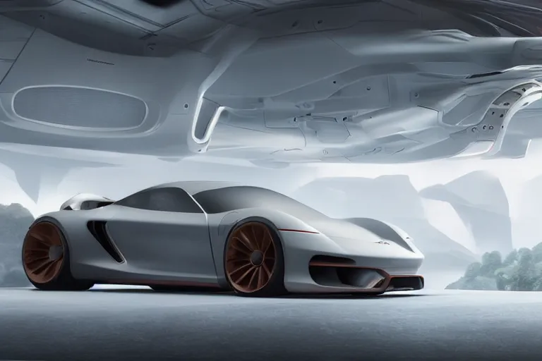 Image similar to futuristic Porsche designed by Apple, a detailed matte painting by Kitagawa Utamaro, cgsociety, octane render, highly detailed, matte painting, concept art, sci-fi