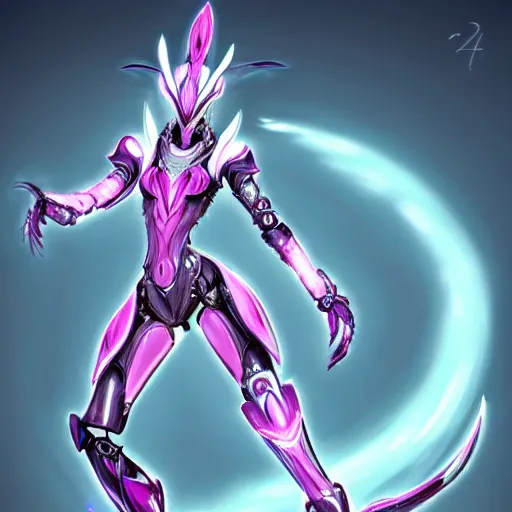 Image similar to highly detailed exquisite fanart, of a beautiful female warframe, but as an anthropomorphic elegant robot female dragoness, glowing eyes, shiny and smooth off-white plated armor, bright Fuchsia skin beneath the armor, sharp claws, robot dragon four fingered hands, and robot dragon three clawed feet, standing elegant majestic pose, full body and head shot, epic cinematic shot, professional digital art, high end digital art, singular, realistic, DeviantArt, artstation, Furaffinity, 8k HD render, epic lighting, depth of field