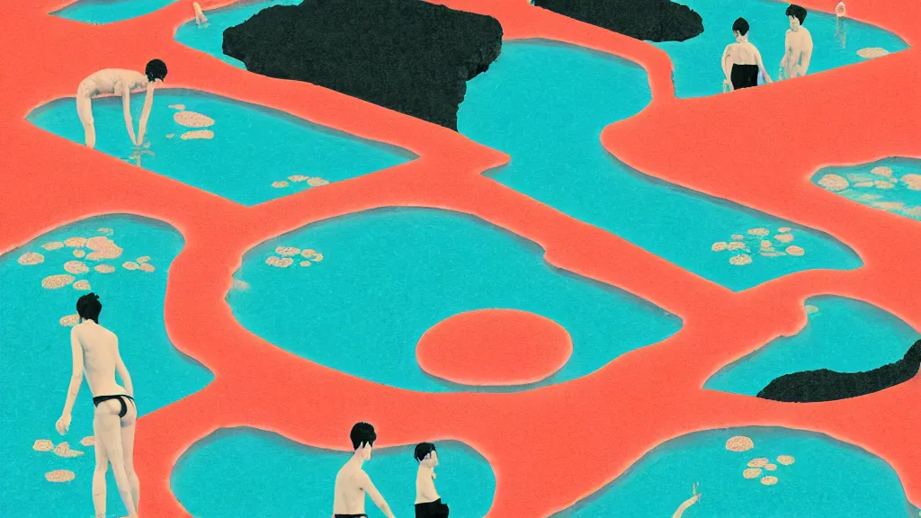 Image similar to japan natural hot spring, a collage painting, in the style of wes anderson, lola dupre, david hockney, isolated on negative space background dark monochrome neon spraypaint accents volumetric octane render