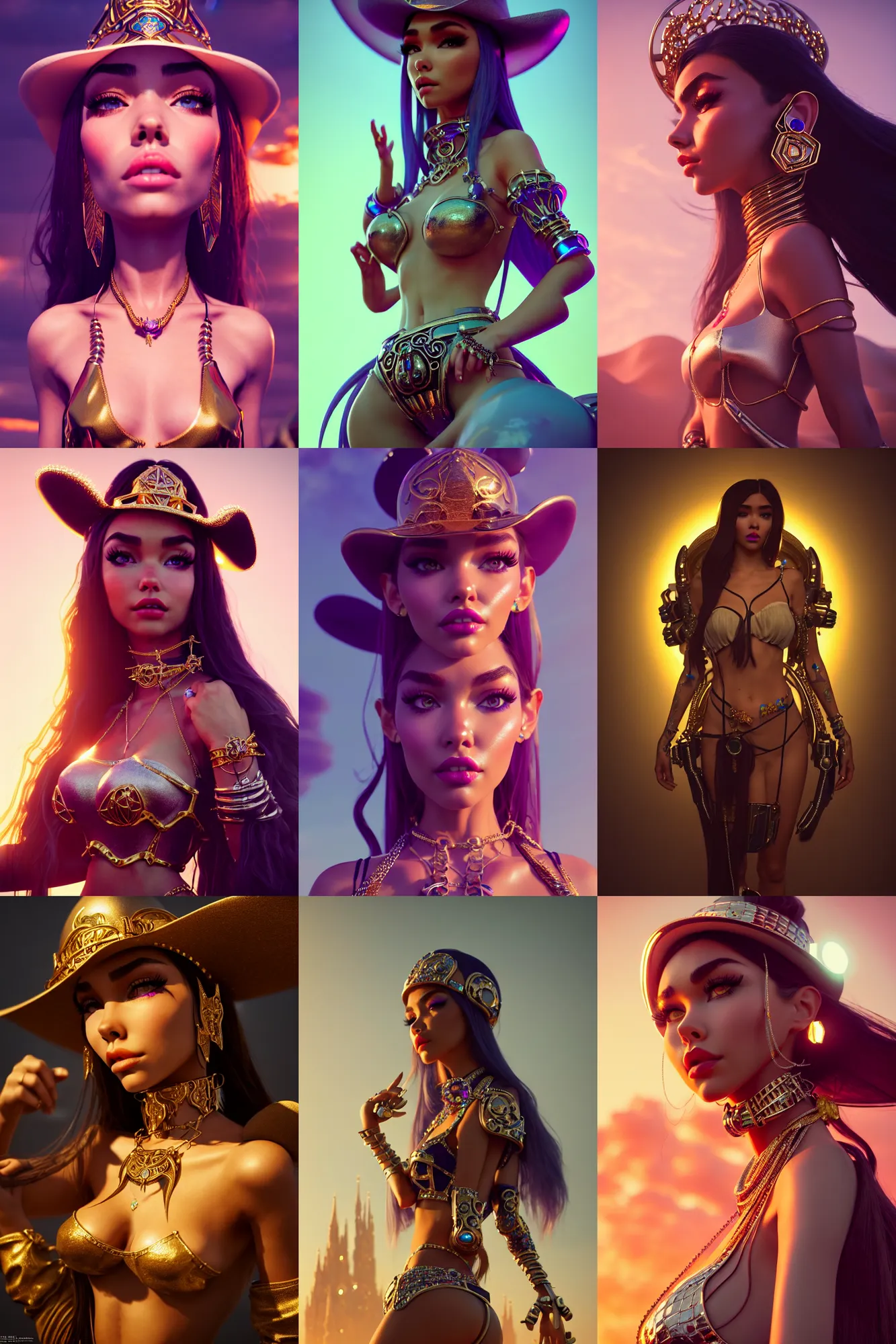 Prompt: madison beer edm cowgirl | elaborate jewelry | glamorous oily soft polished rich ornate modern | weta disney movie still photo | hi - fructose, sci fi fantasy, smooth, octane render, sharp focus, artstation, concept art | beeple, mucha, rutkowski, feng zhu |