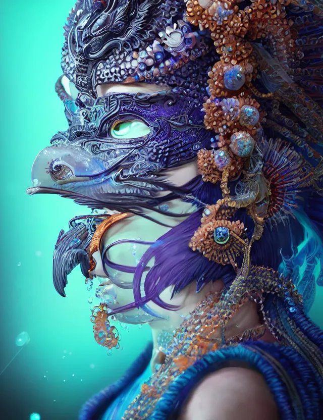 Image similar to 3 d shaman goddess close - up profile portrait. beautiful intricately detailed japanese crow kitsune mask and clasical japanese kimono. betta fish, jellyfish phoenix, bio luminescent, plasma, ice, water, wind, creature, artwork by tooth wu and wlop and beeple and greg rutkowski