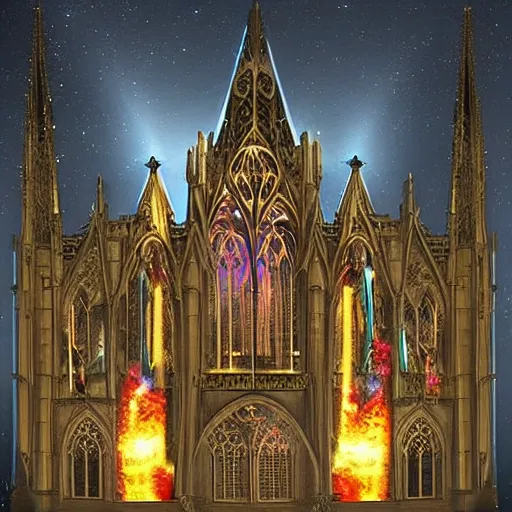 Prompt: a gothic cathedral crossed with a battleship flying through space with laser cannons and rocket engines