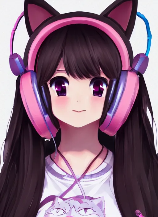 Image similar to portrait of a cute anime girl streamer wearing cat ear headphones smiling at the camera, symmetrical face, perfect face details, digital painting, trending on artstation, deviantart, artgem, perfect composition, ross draws, wlop