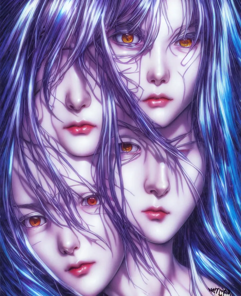 Image similar to realistic detailed image of ultra mega rainbow realistic detailed female character rei ayanami symmetrical depth perception masterpiece depth of field action horror gothic vivid colors art by yoshitaka amano by yukito kishiro by yoshiyuki sadamoto by artgerm by hajime sorayama, no artifacts!!!!!