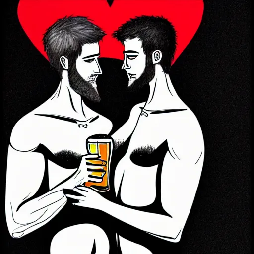 Image similar to two beautiful chad men drinking beers, many white hearts, friendship, love, sadness, dark ambiance, concept by Godfrey Blow, featured on deviantart, drawing, sots art, lyco art, artwork, photoillustration, poster art