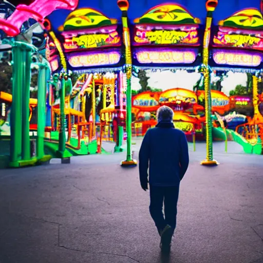 Image similar to a man walks trough a amusement park