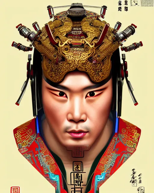 Image similar to portrait of a chinese masculine male cyberpunk machine, machine face, upper half portrait, decorated with chinese opera motifs, muscular, asian, fine china, wuxia, traditional chinese art intricate intense elegant 京 剧 highly detailed symmetry headpiece digital painting artstation concept art smooth sharp focus illustration, art by artgerm and greg rutkowski alphonse mucha 8 k