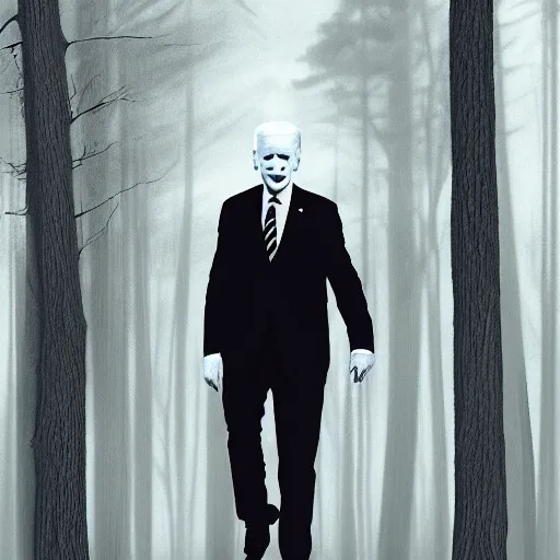 Prompt: slenderman joe biden in dark forest, digital art