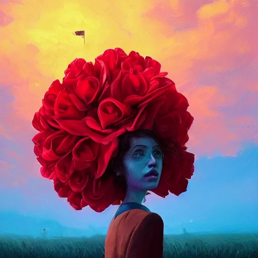 Image similar to closeup, giant rose flower head, frontal, girl in a suit, surreal photography, sunrise, blue sky, dramatic light, impressionist painting, digital painting, artstation, simon stalenhag